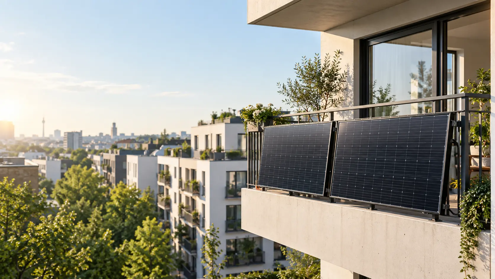 Balkonkraftwerk an einem modernen Stadtbalkon im Morgenlicht